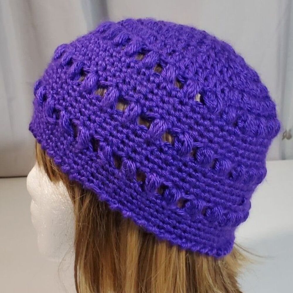 Hand Crocheted Purple Beanie with Puff Stitches Size Medium